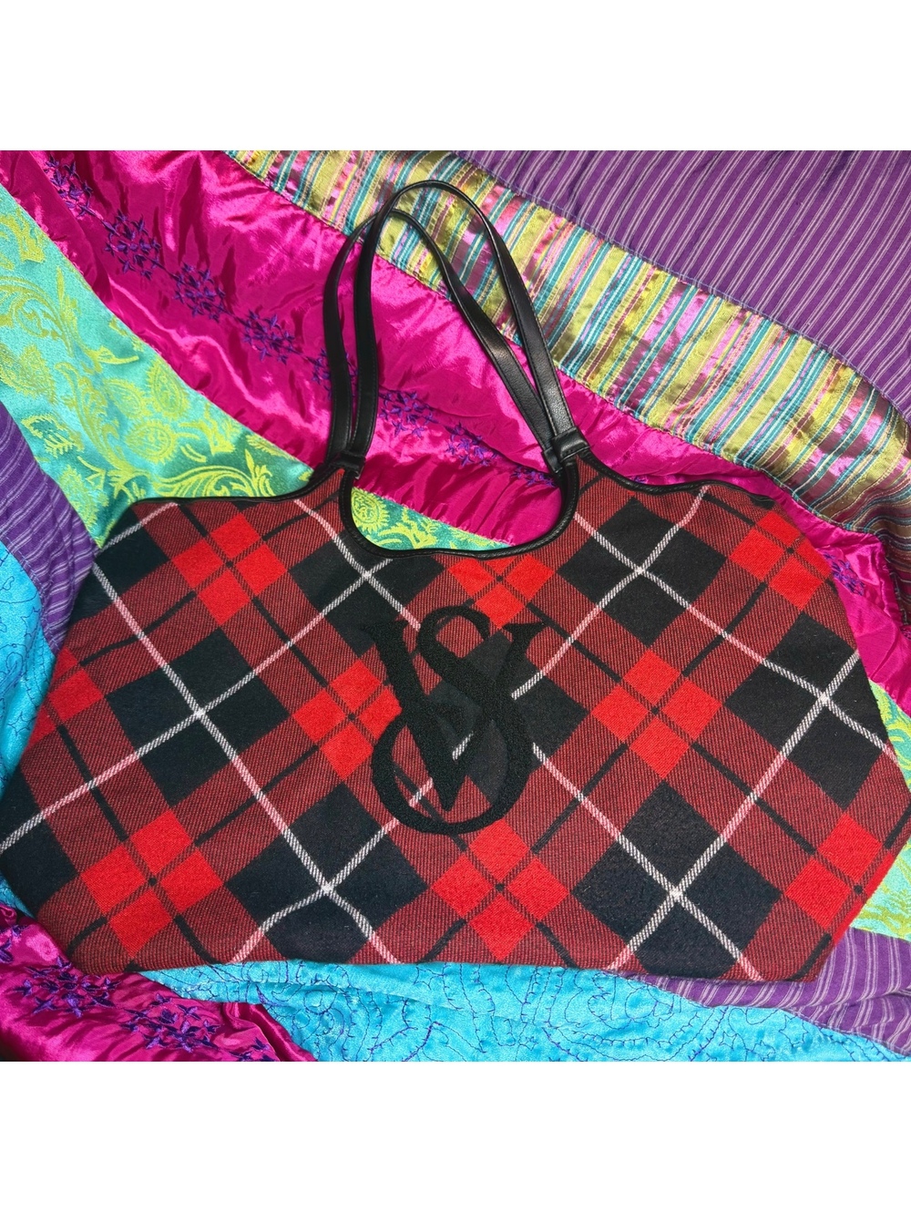 Victoria’s Secret Red And Black Plaid Logo Tote Shoulder Bag